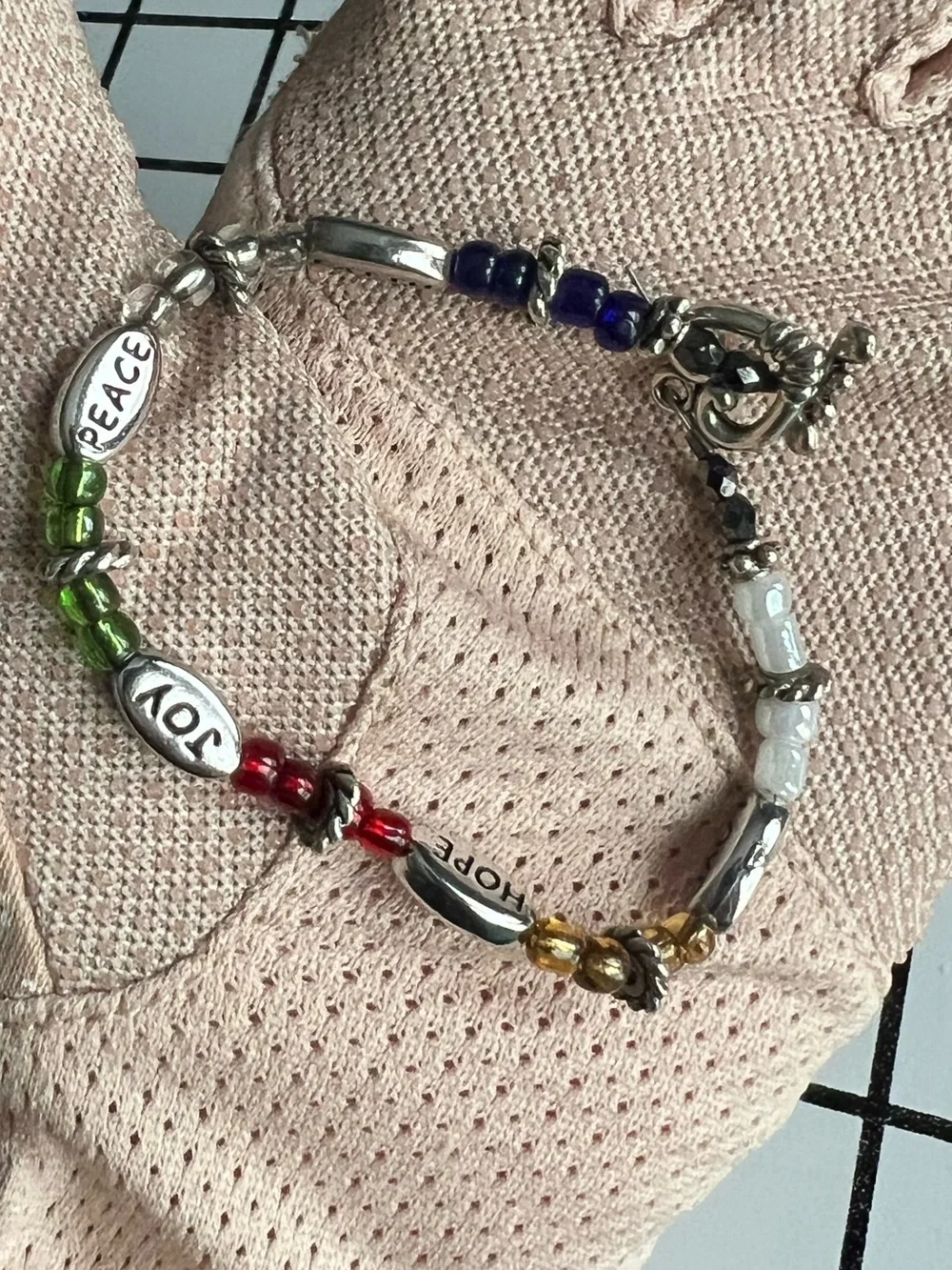 Vintage Faith Hope Love Peace Joy Word Charm Bracelet Silvertone Rainbow